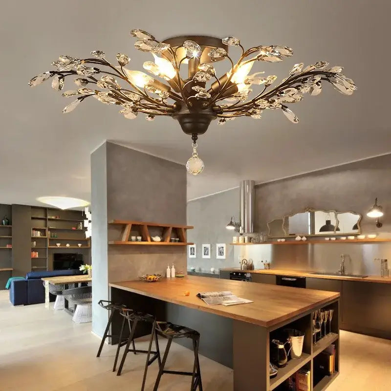 Industrial crystal chandelier with antique bronze branches and intricate crystal details for dining room decorbites industrial