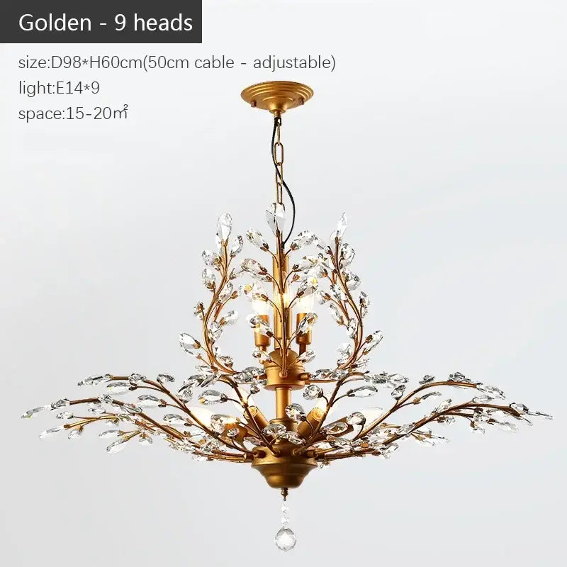 Golden industrial crystal chandelier by decorbites with nine crystal-encrusted bronze branches and teardrop pendant