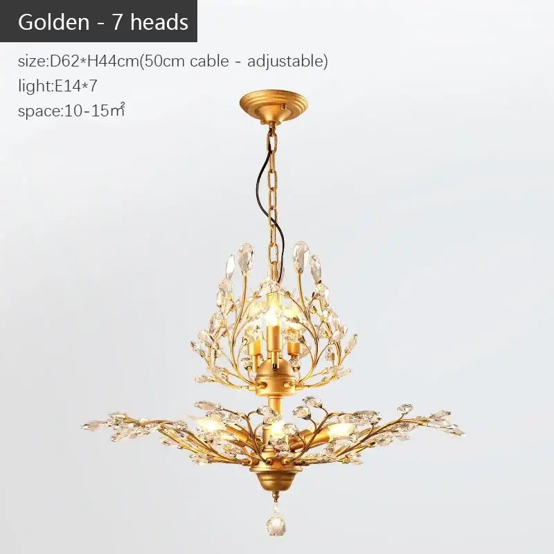 Golden industrial crystal chandelier with seven ornate arms and central pendant drop by decorbites industrial crystal
