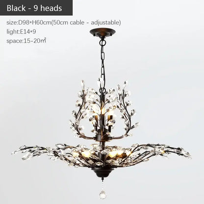 Black wrought iron industrial crystal chandelier with nine crystal branches and teardrop pendant for dining room decorbites industrial