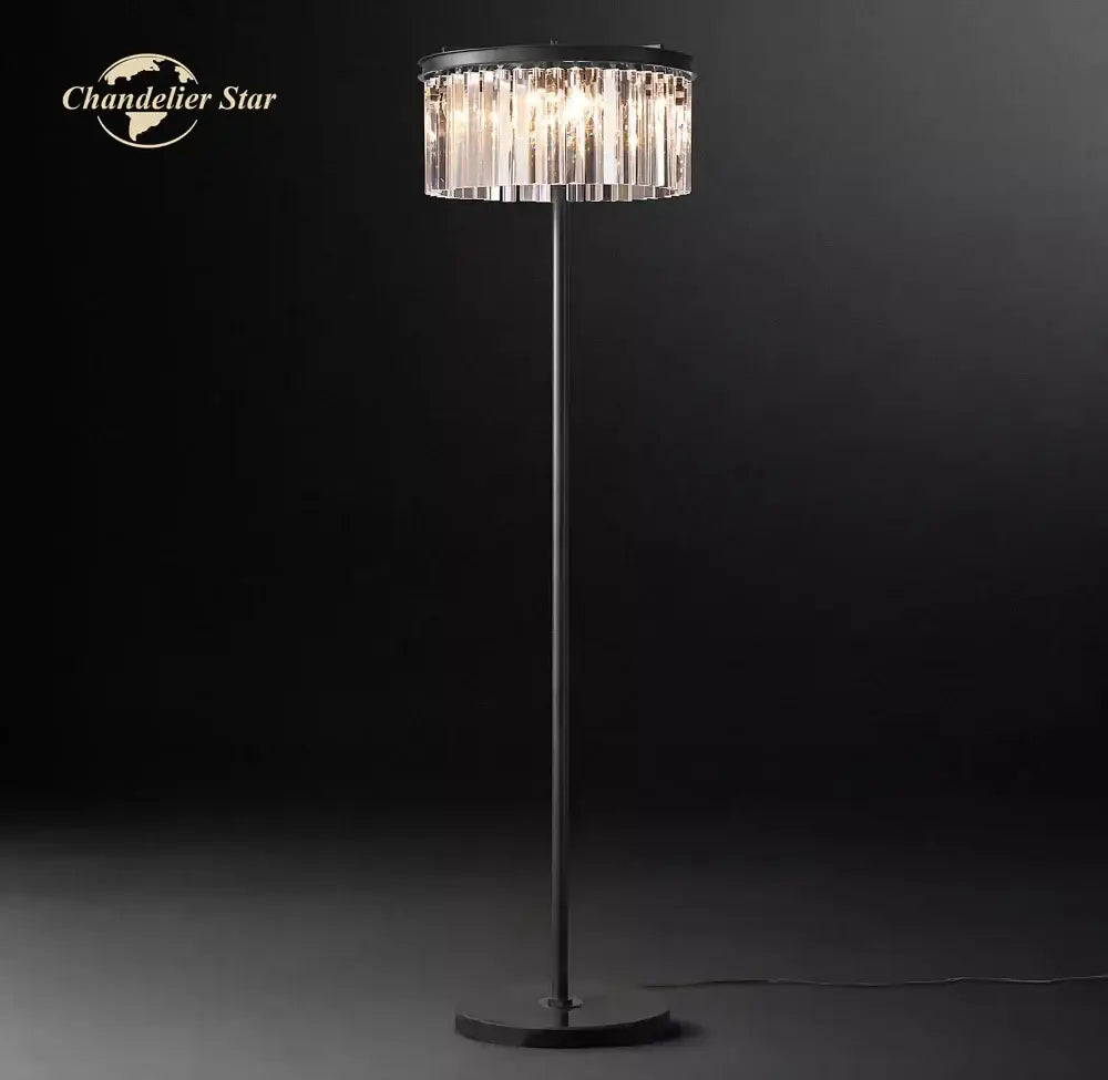 Black metal floor lamp with cylindrical crystal chandelier shade for decorbites industrial crystal led living room light