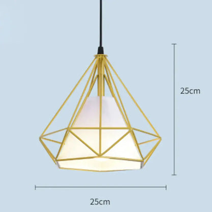 Gold geometric diamond cage pendant light with faceted frame and frosted diffuser for kitchen and living room