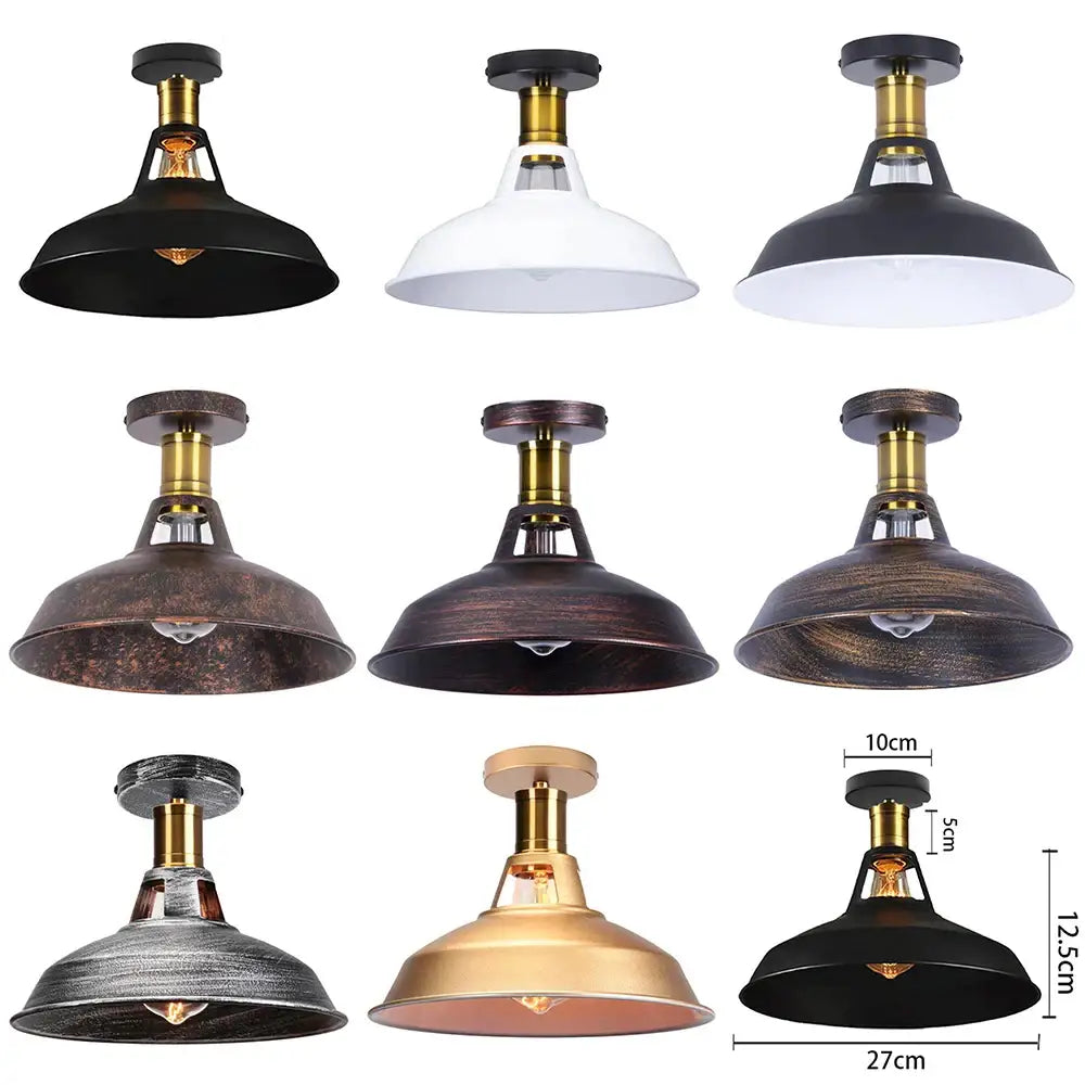 Industrial dome metal ceiling light shade with brass stem and dome shade in black, white, bronze, or gold for kitchen bar lighting