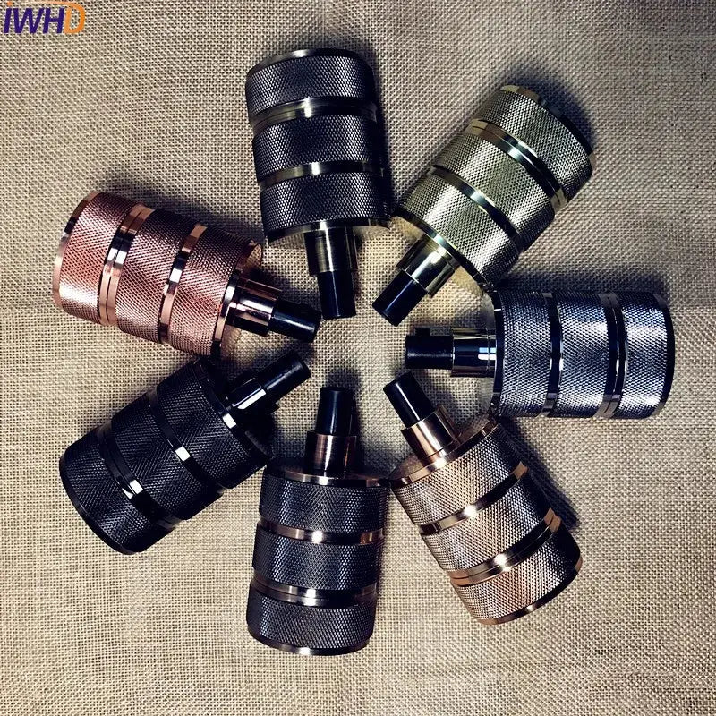 Six decorbites industrial e27 socket lamp holders in rose gold black and silver with textured surfaces and polished bands