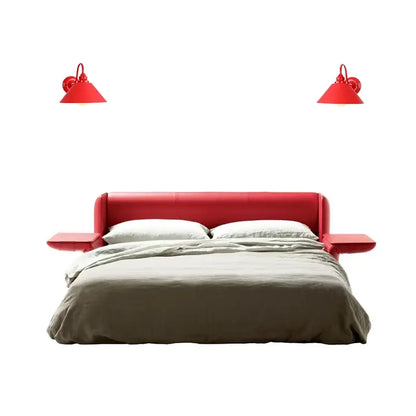 Red upholstered bed with integrated side tables and industrial edison red led wall lamps for bedroom vintage sconce use