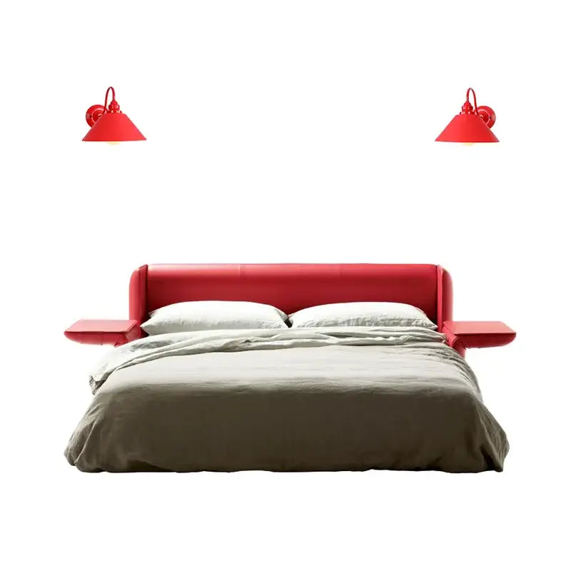 Red upholstered bed with integrated side tables and industrial edison red led wall lamps for bedroom vintage sconce use