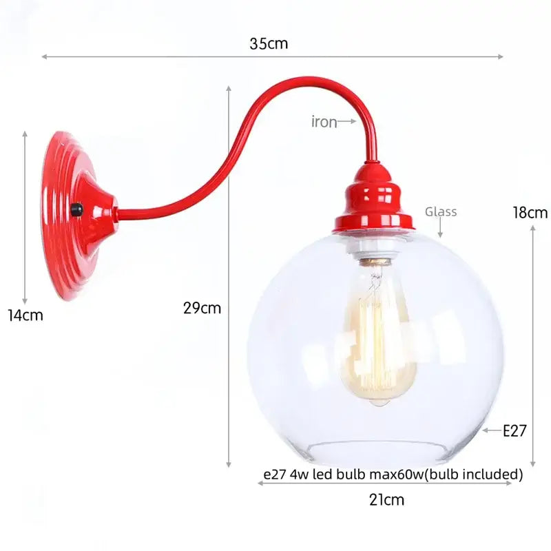 Industrial edison red led wall lamp featuring a red iron wall sconce with a clear glass globe and an e27 led bulb