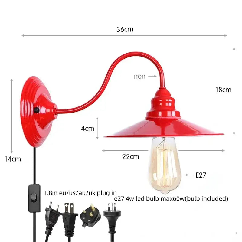Red iron industrial edison red led wall lamp with curved arm and flared shade for vintage bedroom sconce lighting