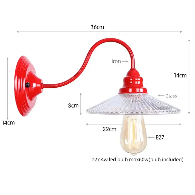 Red iron wall lamp with faceted glass shade and exposed filament bulb edison red led vintage wall sconce