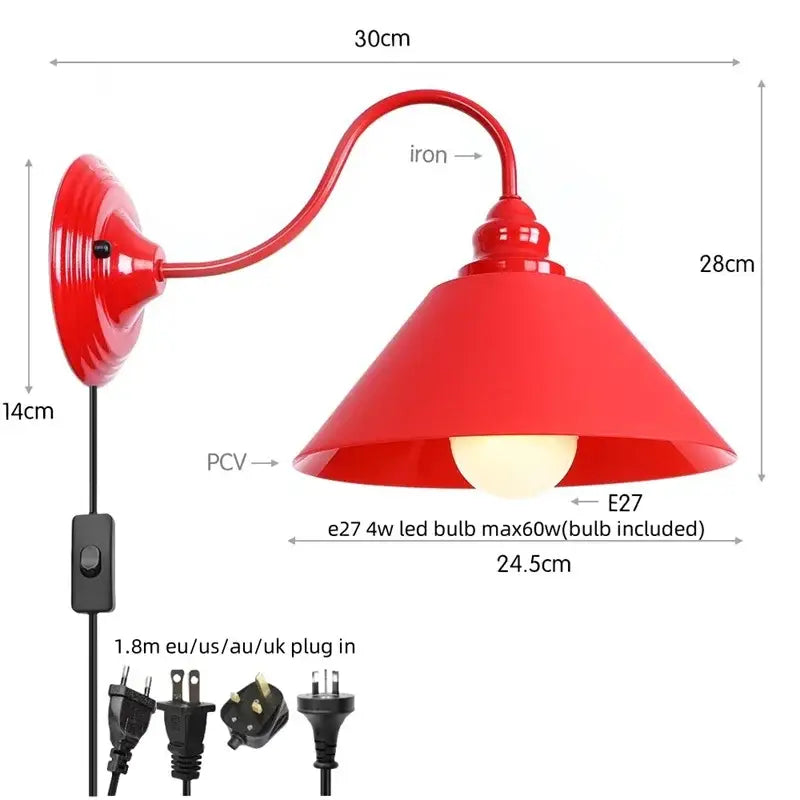 Red iron wall lamp with curved arm and conical shade featuring Edison red led for vintage bedroom sconce lighting