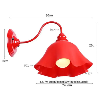 Vibrant red led wall lamp with flower-shaped glossy pcv shade and iron arm for industrial edison bedroom vintage sconce