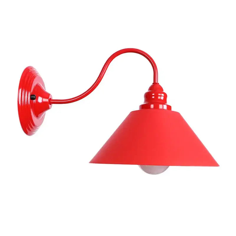 Vibrant red metal industrial edison red led wall lamp with curved arm and conical shade for vintage bedroom sconce