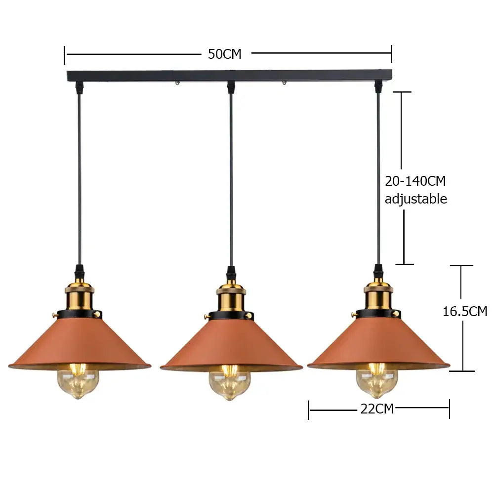 Industrial farmhouse brown pendant light with three terracotta metal shades and brass accents for kitchen island decorbites industrial farmhouse