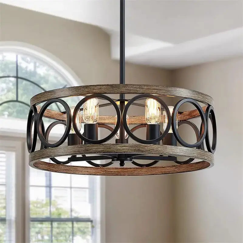 Rustic decorbites industrial farmhouse chandelier with distressed wood frame black metal rings and exposed edison bulbs for dining room lighting