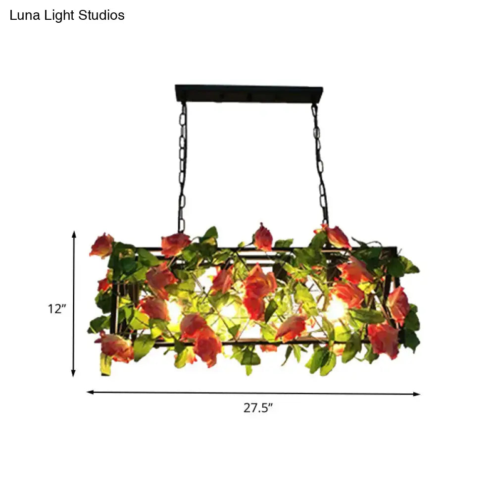 Decorbites industrial metal black island pendant light with 4 bulbs features rectangular frame adorned with red roses and leaves