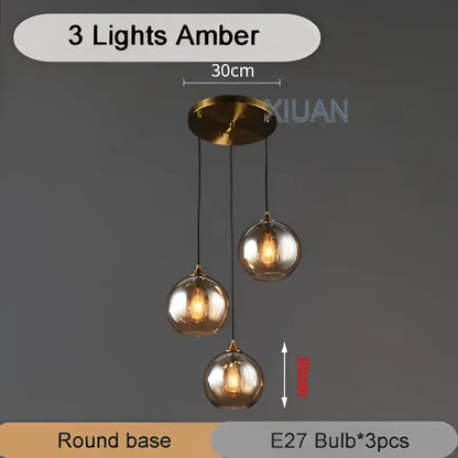 Amber glass industrial glass pendant light with three e27 bulbs and brass base for kitchen and dining room decorbites