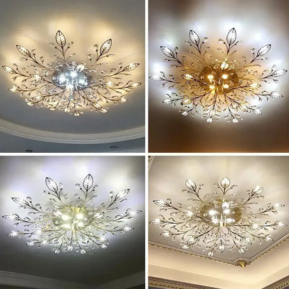 Industrial gold crystal leaf led ceiling light with metallic branch design and clear crystal accents for living room decorbites crystal leaf