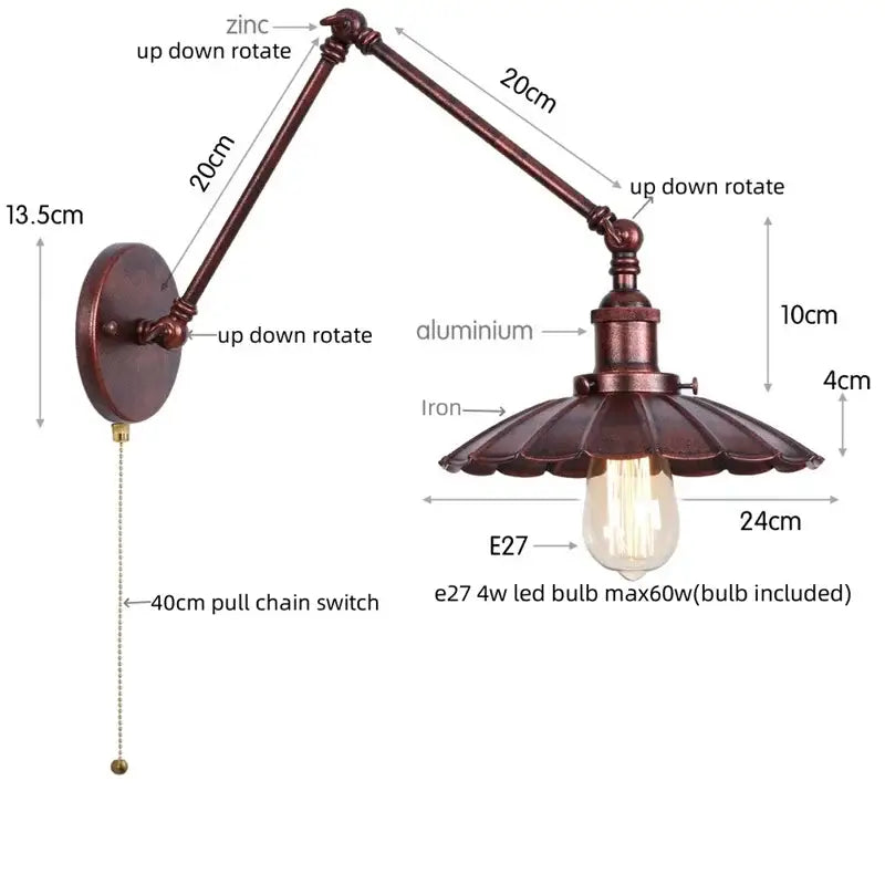 Antique bronze-finished industrial wall lamp with fluted iron shade and pull chain switch for bedroom use
