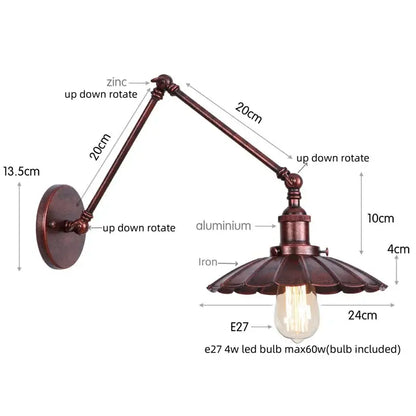Antique bronze wall lamp with fluted metal shade and pull chain switch featuring edison-style bulb for bedroom use