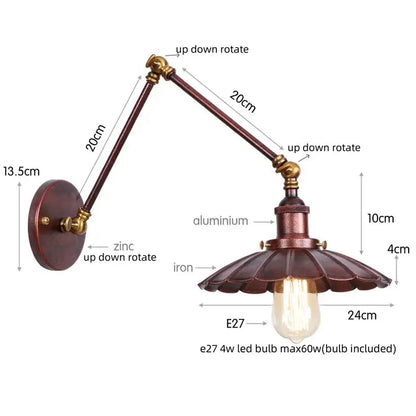 Industrial gold fluted wall lamp with pull chain switch featuring adjustable zinc and aluminum arms and scalloped shade