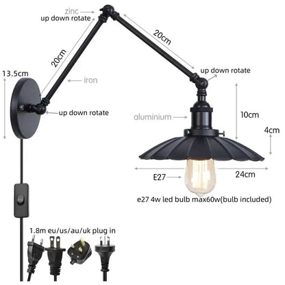 Black industrial-style wall lamp with adjustable arms, fluted shade, and pull chain switch for bedroom use