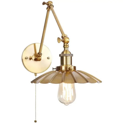 Industrial gold brass wall lamp with fluted glass shade and pull chain switch for bedroom sconce lighting
