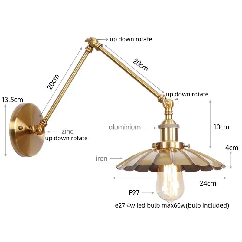 Adjustable brass-finished wall lamp with fluted glass shade and exposed edison bulb featuring pull chain switch
