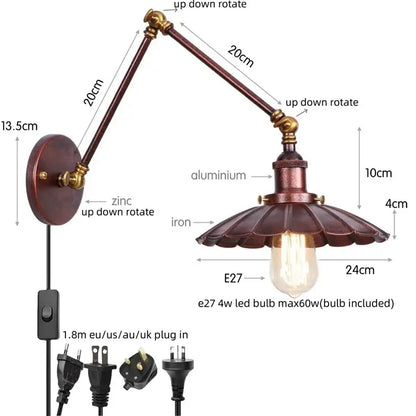 Industrial gold fluted wall lamp with pull chain switch featuring adjustable zinc and iron arms and e27 led bulb