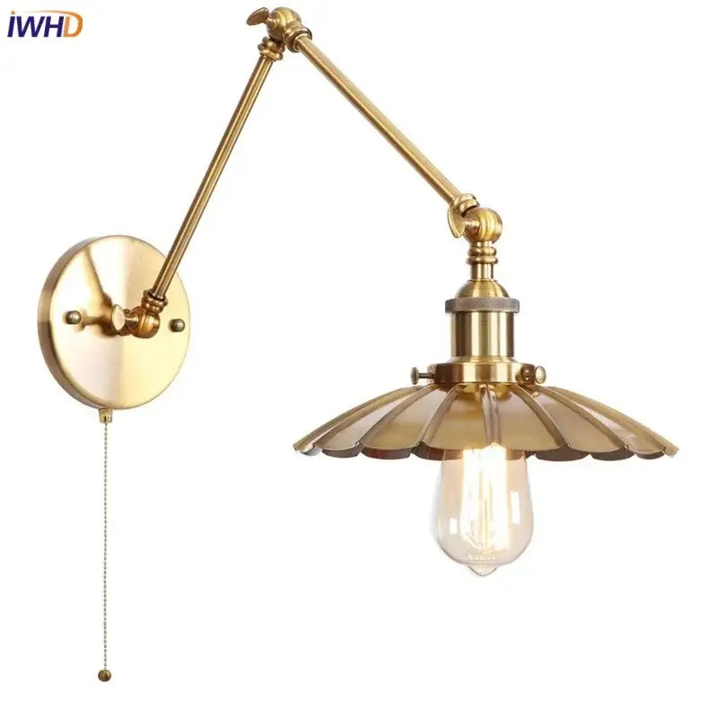 Brass-finished industrial gold fluted wall lamp with adjustable shade and pull chain switch for bedroom use