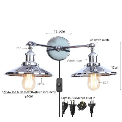 Chrome-finished industrial led wall sconce with two adjustable arms and vintage edison bulbs for bedroom wall lights decorbites gold vintage