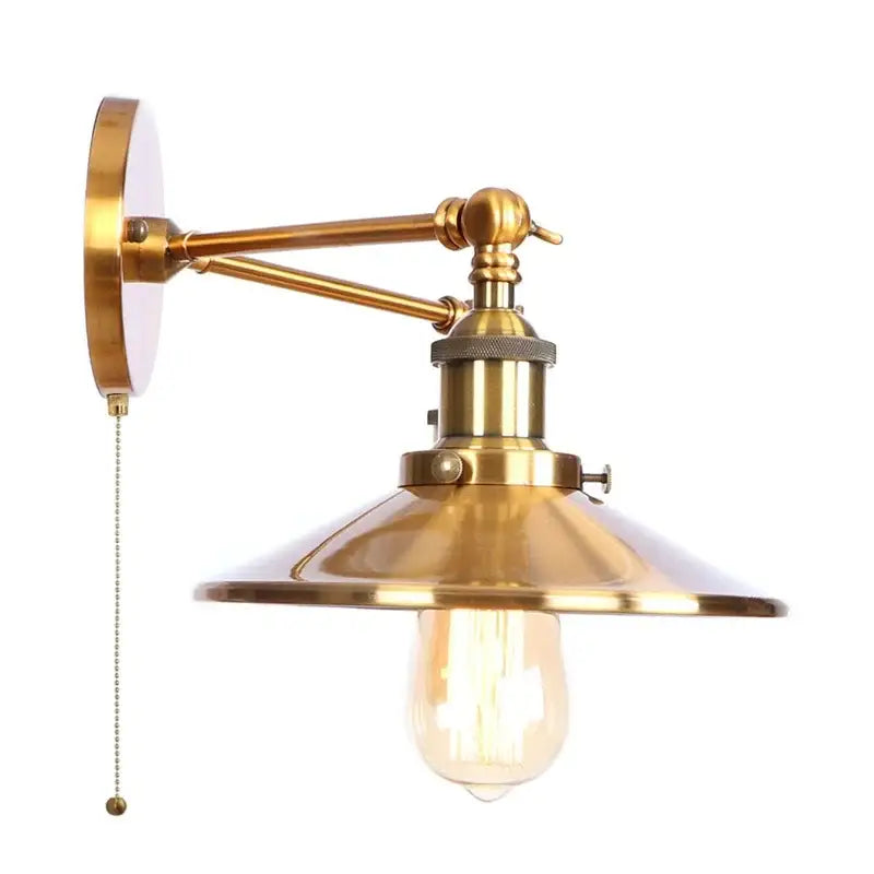 Industrial gold vintage led wall lights featuring a brass double arm sconce with exposed filament bulb and pull-chain switch