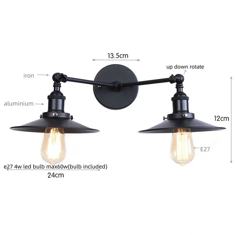 Black industrial led wall lights with two adjustable arms and vintage edison bulb shades decorbites gold vintage style