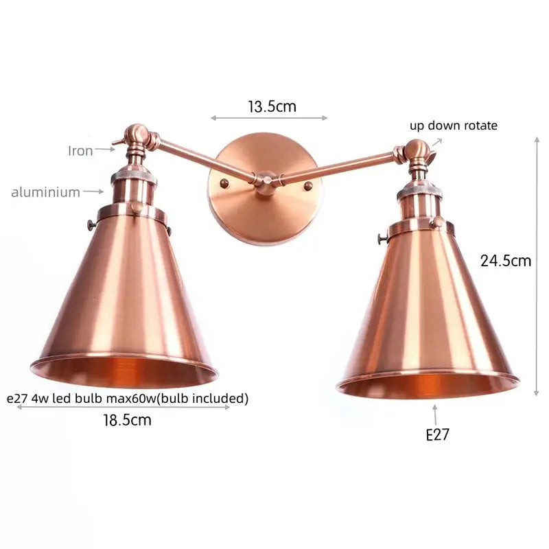 Copper-finished industrial led wall double arm sconce with adjustable arms and conical shades for decorbites gold vintage wall lights