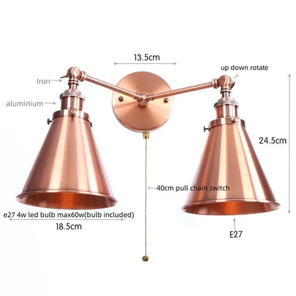 Copper-finished industrial led wall lights with adjustable dual arms and pull-chain switch for decorbites gold vintage decor