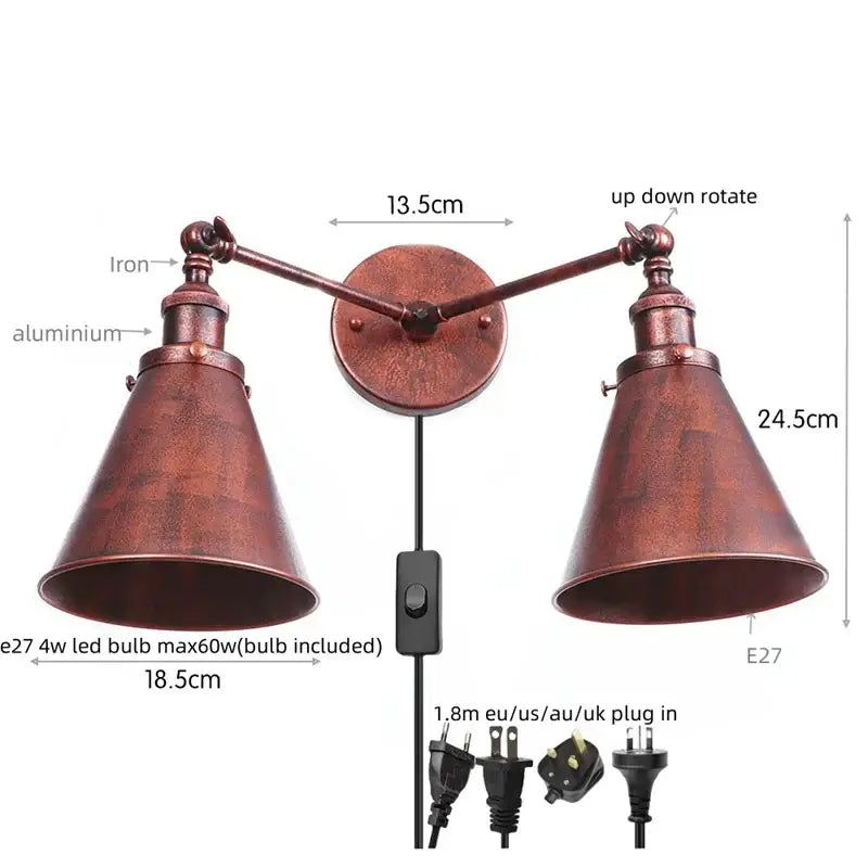 Copper-finished industrial led wall double-arm sconce with adjustable arms and included led bulbs for decorbites gold vintage wall lights