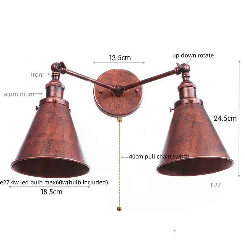 Industrial gold vintage led wall lights double-arm copper-toned wall sconce with adjustable arms and pull-chain switch