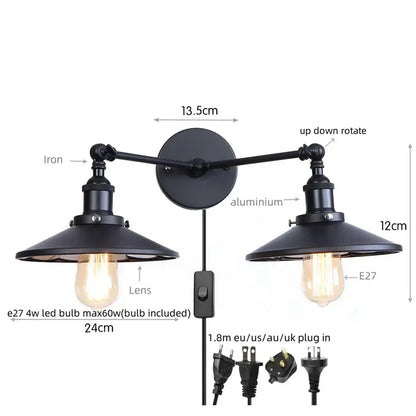 Black industrial led wall lights with dual adjustable arms and vintage edison bulb sockets from decorbites gold vintage collection