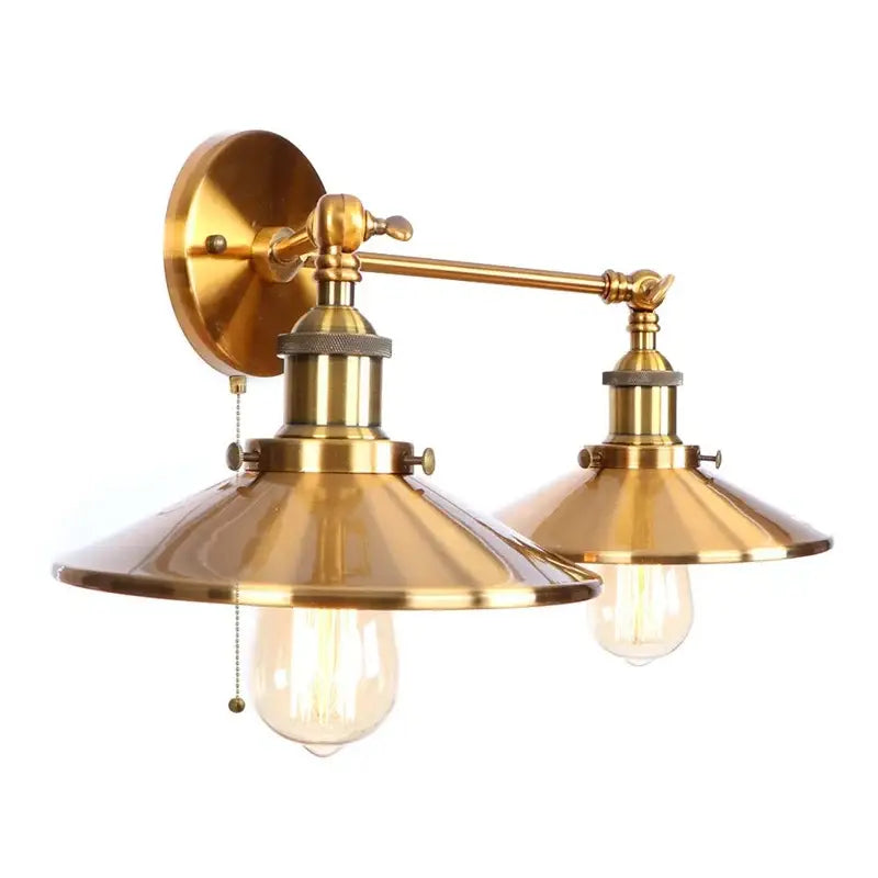 Brass double-arm wall sconce with conical shades and exposed filament bulbs for industrial led wall lights decorbites gold vintage