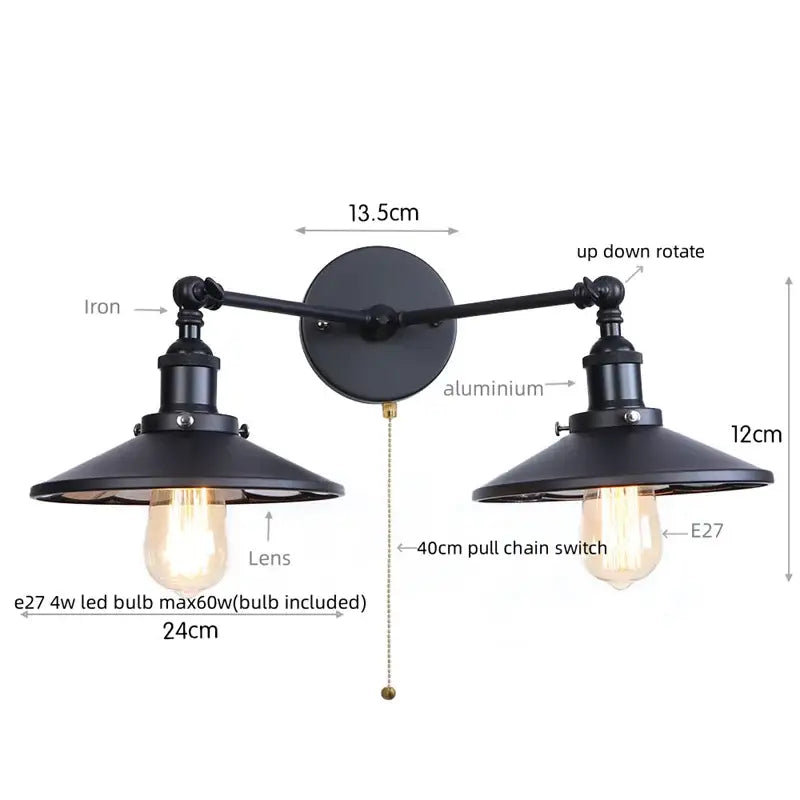 Black industrial led wall double arm sconce with adjustable matte black shades and frosted glass bulbs for decorbites gold vintage wall lights