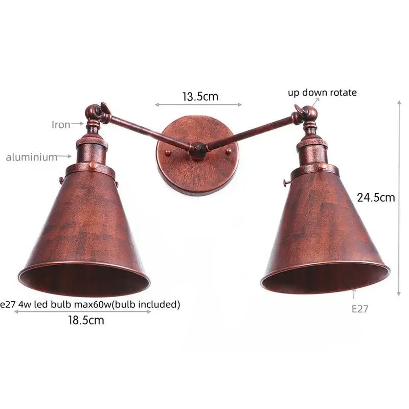 Copper-finished industrial led wall double-arm sconce with adjustable conical shades for decorbites gold vintage wall lights