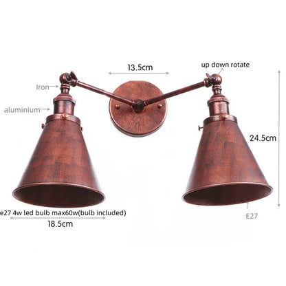 Copper-finished industrial led wall double-arm sconce with adjustable conical shades for decorbites gold vintage wall lights