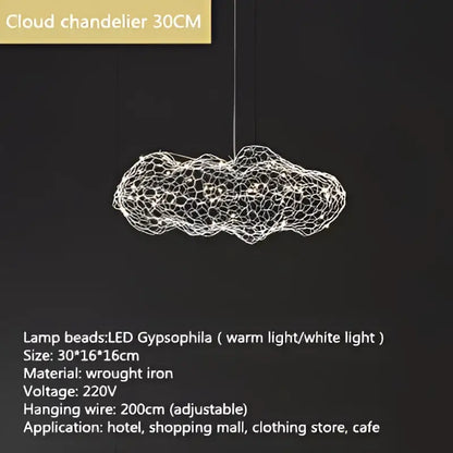 A modern industrial golden decorbites cloud pendant light with wrought iron wire mesh and warm led gypsophila bulbs