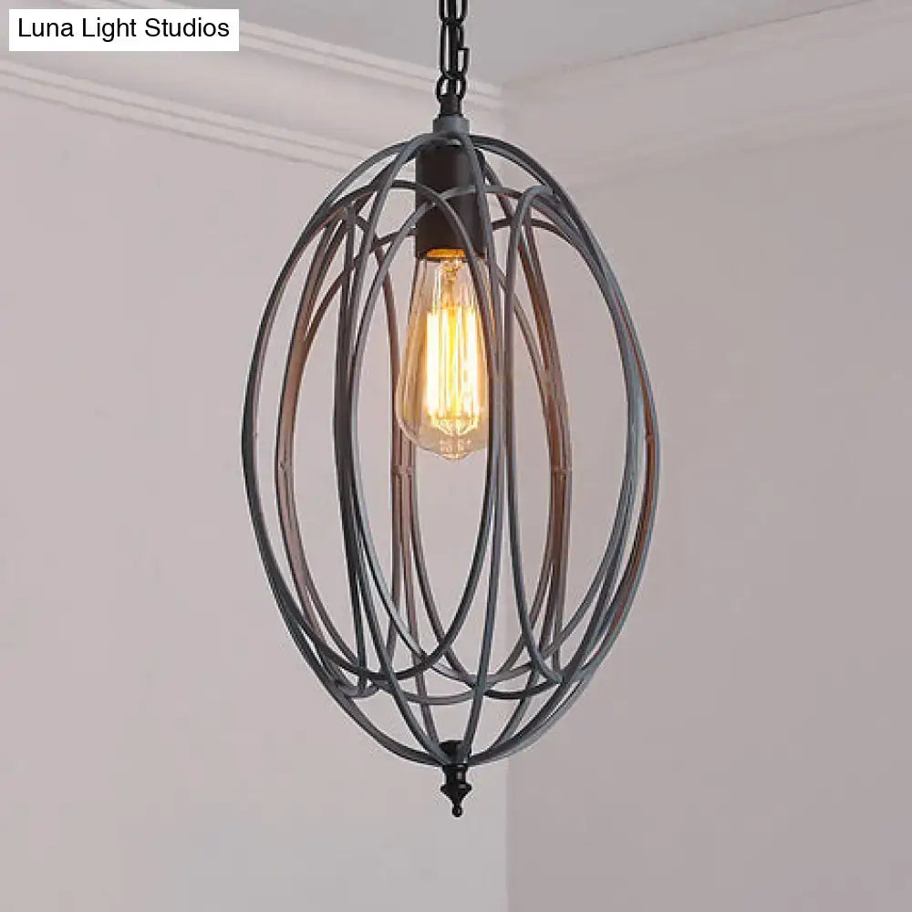 Decorbites™ industrial gray red oval cage hanging pendant light with black wrought iron and glowing edison bulb 110v-120v 220v-240v