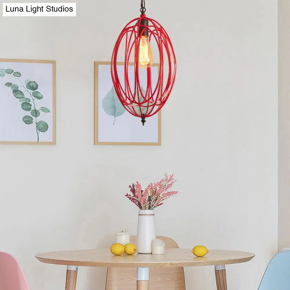Decorbites™ industrial gray red oval cage pendant light with exposed filament bulb and adjustable chain for restaurants