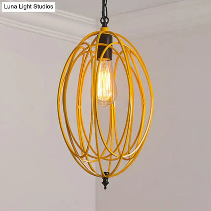 Yellow metal cage pendant light with exposed edison bulb in gray red oval cage design for 110v-120v 220v-240v use