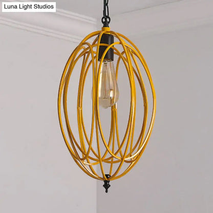 DecorBites™ gray red oval cage hanging pendant light with yellow metal cage and visible Edison bulb 110v-120v 220v-240v