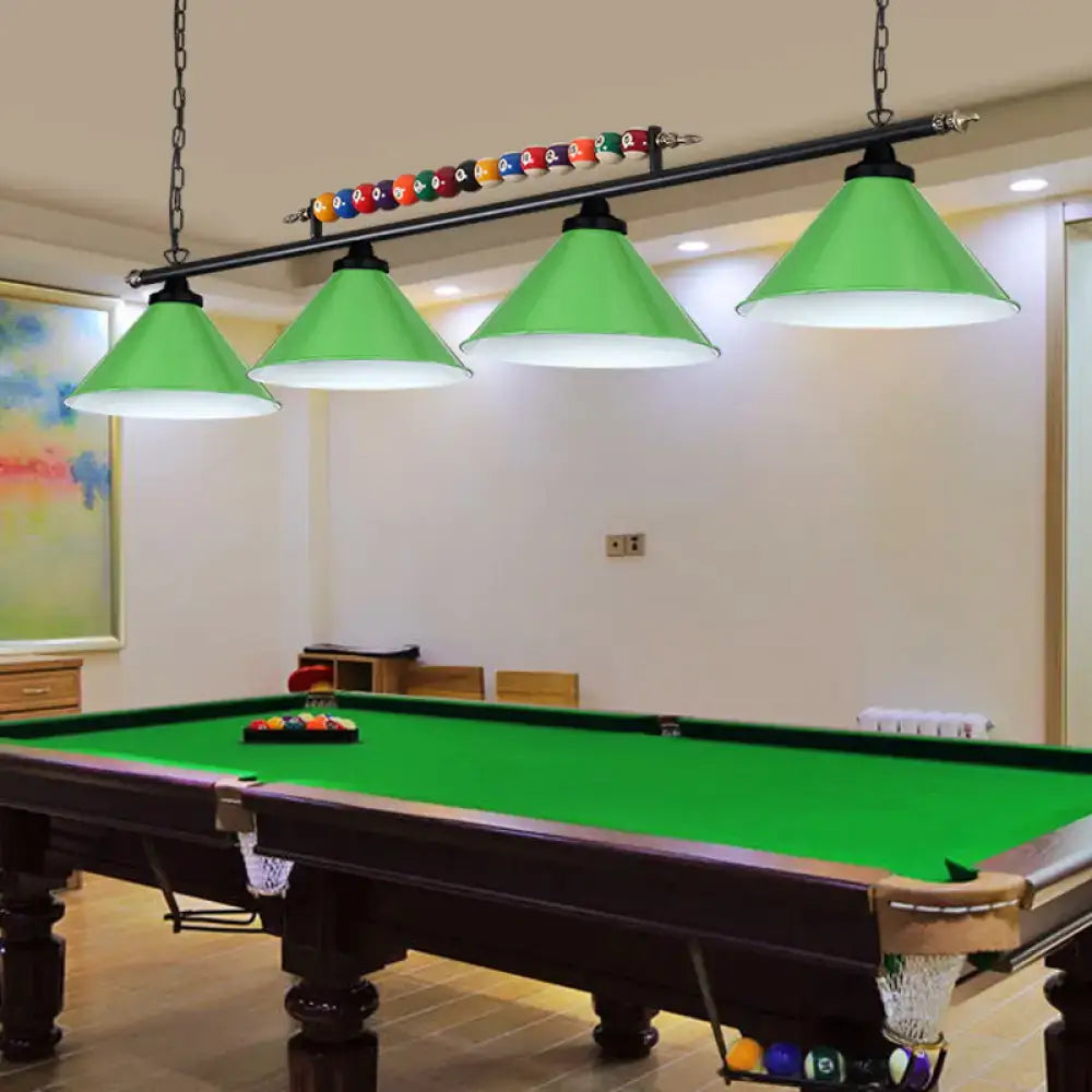 Green conical metal billiard lamp with black chains and colorful billiard balls for country club island light use