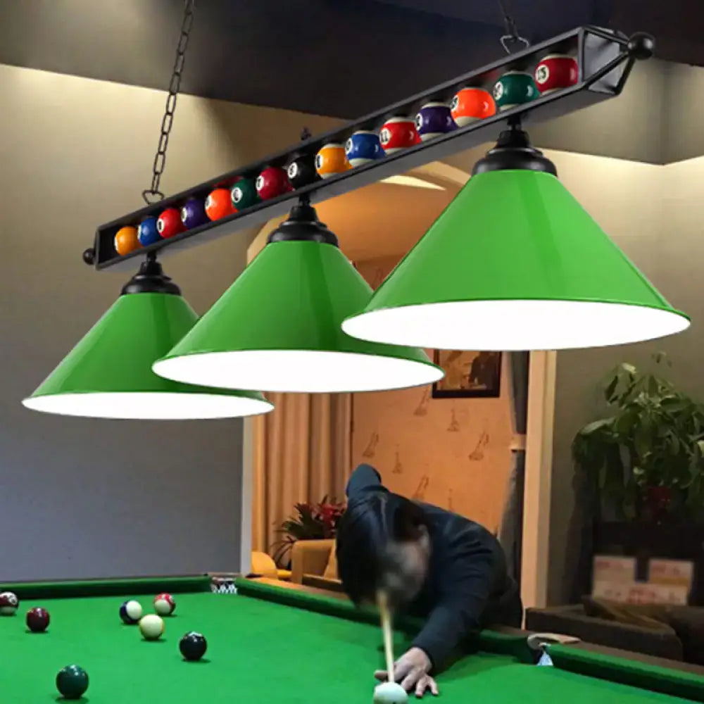 Decorbites industrial green conical metal billiard lamp with black frame and pool balls country club island light