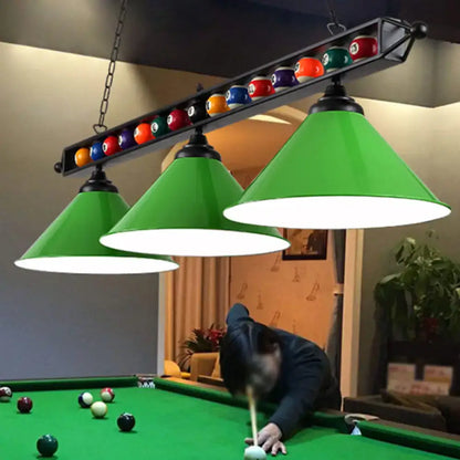 Decorbites industrial green conical metal billiard lamp with black frame and pool balls country club island light