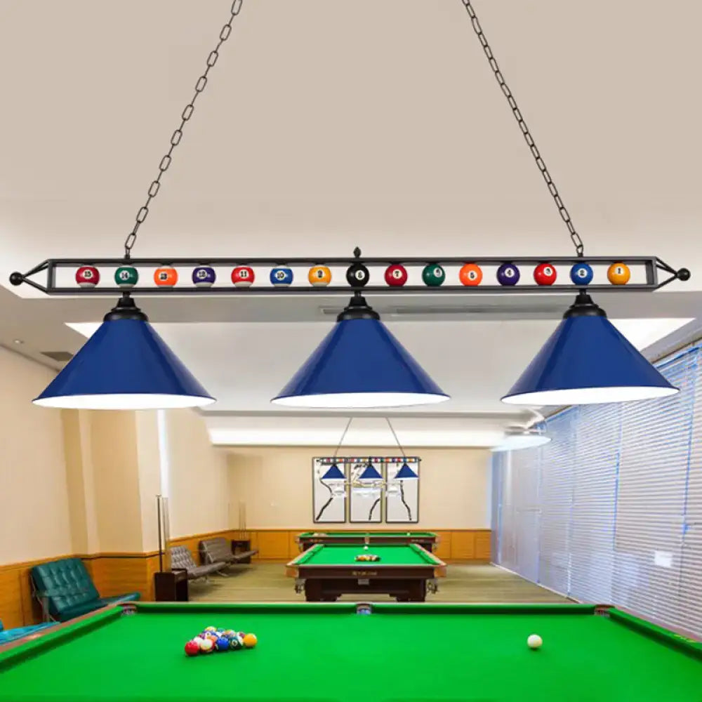 Blue conical metal billiard lamp with black chains and colorful balls decorative bar for country club island use